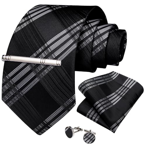 Image of DiBanGu Plaid Ties for Men Silk Checkered Necktie and Pocket Square Cufflinks Tie Clip Set with Gift Box for Wedding Business