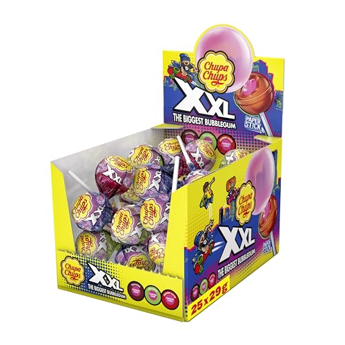 Chupa Chups XXL Big Bubble Kaugummi-Lutscher, Display enthält 25 Lollis mit Erdbeer-Kaugummi Kern in 3 leckeren Sorten Erdbeer, Apfel, Cola, geeignet für Geburtstag, 25 x 29g