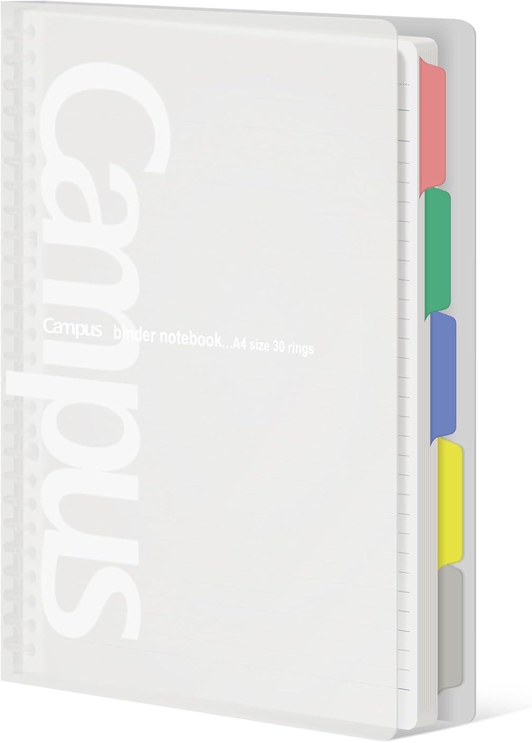 KOKUYO 5 Subject Spiral Notebook, Campus A4 Refillable Journal with 5 Tab Dividers, Up to 65 Sheet Capacity, 50 Sheets in 7mm Dotted Ruled Loose Leaf Paper, Clear, Japan Import