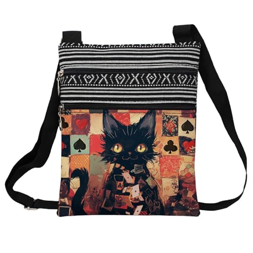 Poker Cat Messenger Bag Small Ethnic Pattern Printed Adjustable Strap Crossbody Zipper Bag Poker Cat Phone Bag Wallet Cute Shoulder Handbag for Women Friends