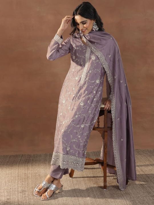 Image of Women's Mauve Embroidered Round Neck Sequinned Straight Silk Blend Kurta With Trousers & Dupatta