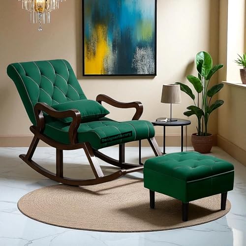 Image of Wood Modern Ergonomic Rocking Chair Including with Cushain Footrest for Relaxing | Rolling Chair for Living Room (Dark Green)
