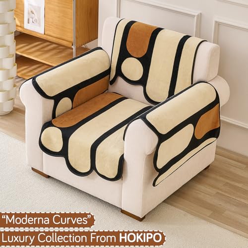 Image of HOKIPO 'Moderna Curves' Complete (Seat+Back+Arm) Sofa Mat Set for 1 Seater Sofa | Luxury All Season Sofa Cover Mat with Anti Slip Backing, Oyster Beige (AR-6121+AR-6120 * 2+AR-6309)