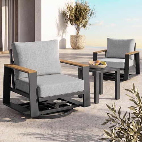 Vexwalx Aluminum Luxury Outdoor Swivel Patio Chairs with Table Set Oversized 3 Pieces Patio Conversation Furniture Set with High Back&Washable Cushions Outdoor Bistro Set for Porch Deck Gray