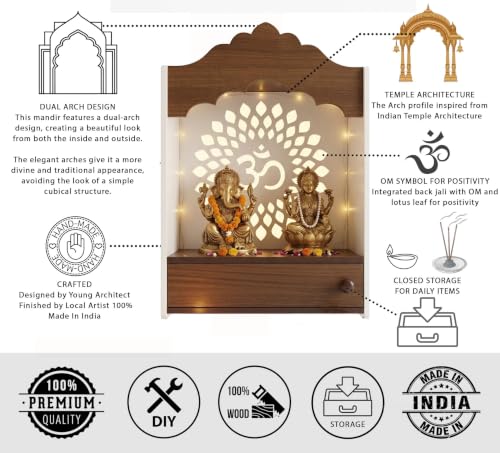 Image of Crosscut Wooden wall Hanging mandir, Temple for Home and Office Pooja (Dual Arch Design)