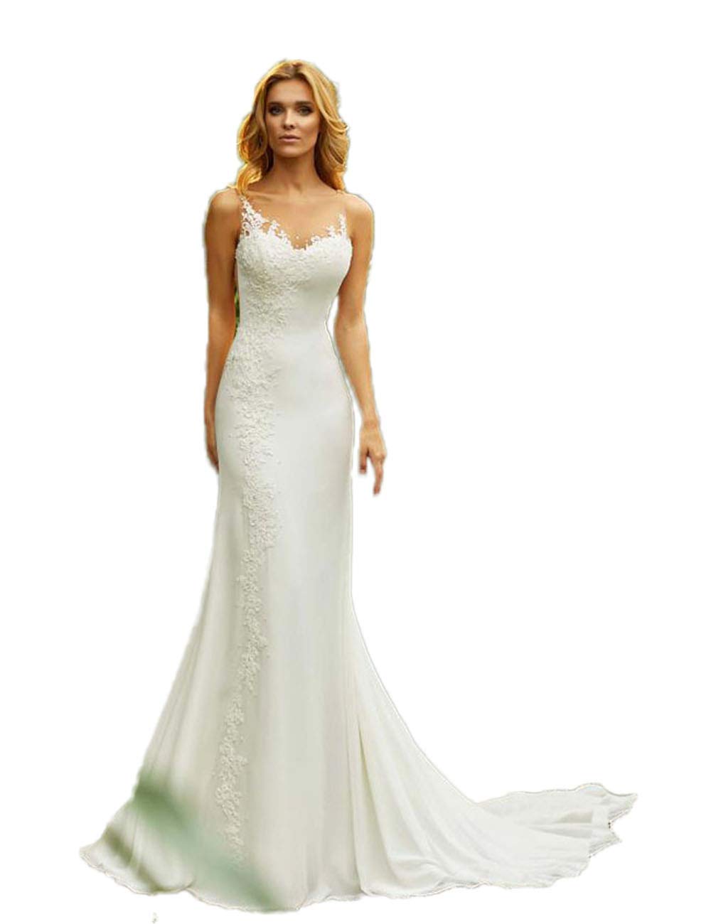 CoCogirls Robe de mariée sirène - Col rond - Applications de plage - Robe de mariée en mousseline de soie - Robe de princesse bohème - Robe de bal - Robe de soirée