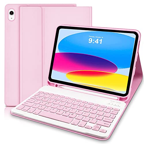 Funda con teclado para iPad 10ª generación 10.9 2022, funda para iPad 10.9 con teclado, funda inteligente delgada con teclado Bluetooth inalámbrico desmontable para iPad de 10ª generación, rosa
