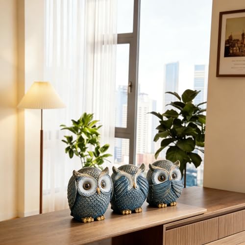Juego de 3 Búhos Decorativos para Hogar Azul miniatura 5