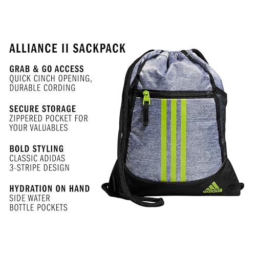 Image of adidas Unisex Alliance II Sackpack, Jersey Grey /Semi Solar Slime /Black, ONE SIZE