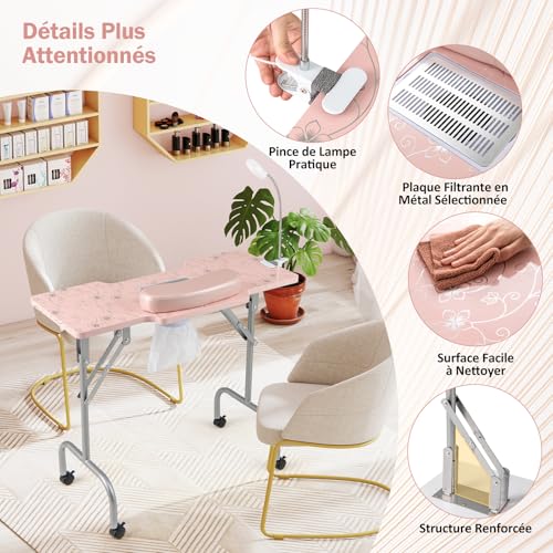 Table manucure pliable aspirateur roulettes sac portable rose