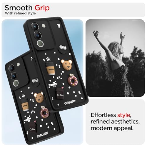 Image of Pikkme Back Cover for Vivo Y200 5G | Cute Fun Cartoon 3D Bear Silicone Full Body Protection Bumper Case (Black)