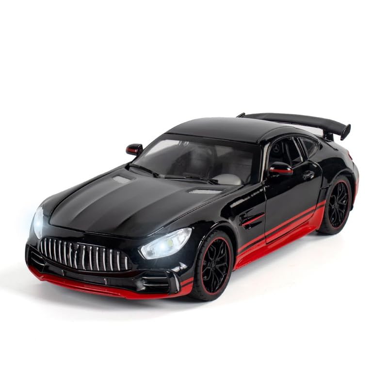 Image of Kids Model 1:24 Benz AMG GTR Die Cast Metal Car Pull Back Action Opening Doors with Realistic Engine Sound Lights Toy Car Gift for Boys - Red
