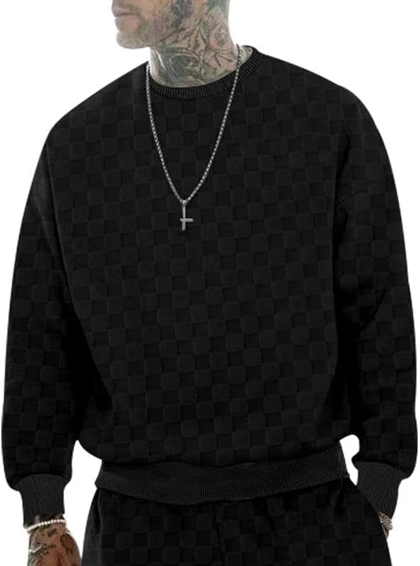 HOTYD Mens Checkerboard Print Long Sleeve Crewneck Sweatshirts Plaid Fashion Oversized Sweatshirt Casual Basic Fall Pullover