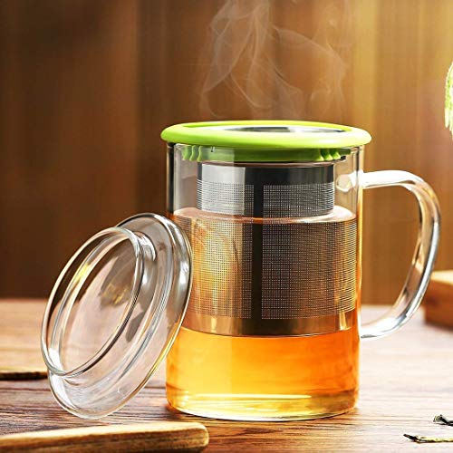 Tomotime Glass Tea Cup with Lid and Stainless Steel Infuser Basket Perfect Clear Tea Mug for Office and Home Uses for Loose Leaf Tea Steeping 13.5 Ounce,400ml, Green