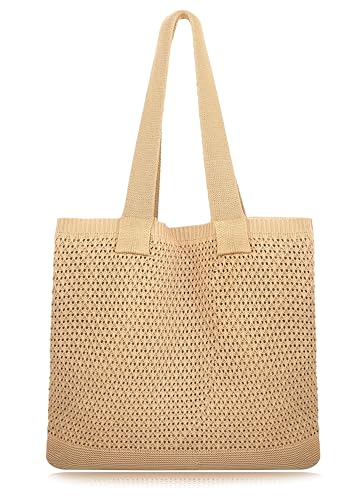 Image of COOKOOKY Lined Crochet Tote Beach Shoulder Bag Women Casual Work Shopping | Lined crochet tote with soft structure, perfect for beach, work, shopping. Roomy & lightweight for daily use.