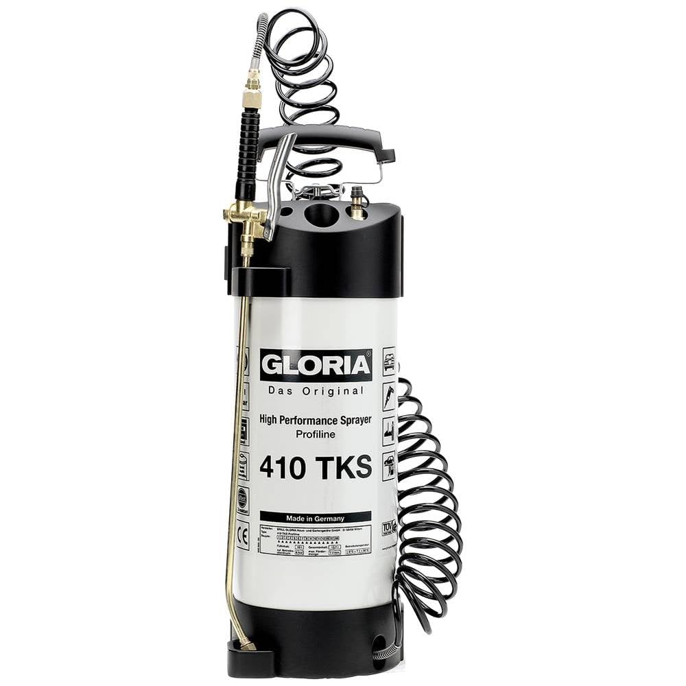 GLORIA Opryskiwacz 410 TKS Profiline | 10 l blacha stalowa, kompresor, wąż | 5 m wąż spiralny i złącze kompresora| 6 bar z TÜV | Blacha stalowa olejoodporna z FKM | Do rzemiosła i budownictwa