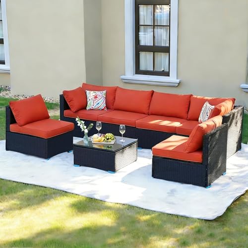 Image of 7 Piece Outdoor Patio Furniture Sets, Orange Patio Sectional Furniture All-Weather PE Rattan Sectional Sofa, Outdoor Wicker Conversation Set w Glass Coffee Table for Backyard, Garden, Spring, 2026
