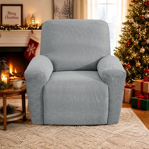 Image of ZNSAYOTX 100% Waterproof Recliner Chair Covers, 3-Piece Stretch Fit Recliner Slipcovers with Buckle & Elastic Band for Lazy Boy, Stay in Place, Soft Plaid Jacquard Protector (Large, Light Grey)