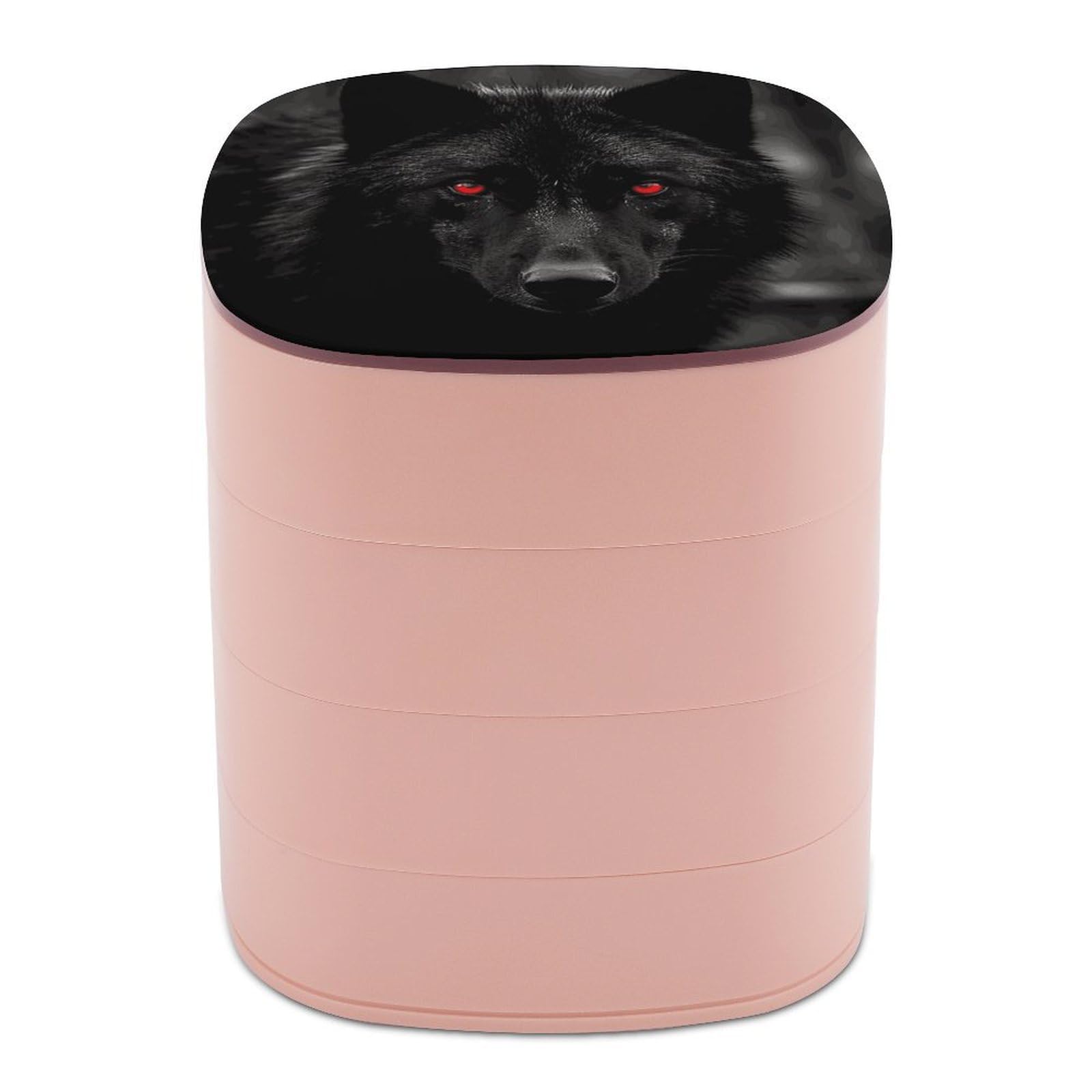 Black Red Eyed Wolf Jewelry Box 360° Rotatable Jewelry Organizer 4 Layers Jewelry Case with Lid Fashion Portable Earring Holder for Bracelets Rings Bracelets Vanity