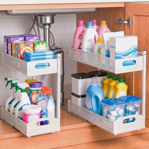 VEVOR Under Sink Organizer, 2 Pack 2-Tier Pull Out Cabinet Organizer with 4-Level Height Adjustment, Metal Slide Out Shelf, Multi-Purpose Cabinet Organizers and Storage for Bathroom & Kitchen, White by VEVOR - Used condition - CA$41.46