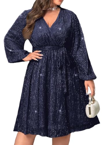 Image of RED DOT BOUTIQUE 876 - Plus Size Elegant Sheer Sleeve Dress with Waist Sparkle Chiffon Mesh Cocktail Dress
