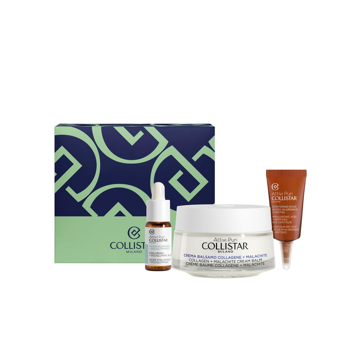 Collistar Attivi Puri Cofanetto Regalo Donna Anti-Età, Crema Balsamo Collagene + Malachite 50ml, Gocce Acido Ialuronico + Poliglutammico 5ml, Contorno Occhi Acido Ialuronico + Peptidi 5ml