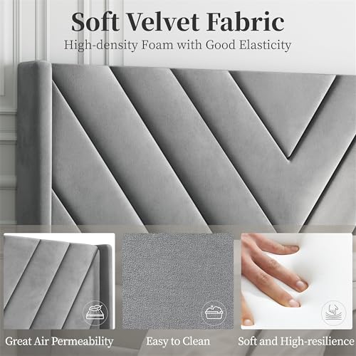 Image of Yaheetech Queen Bed Frame Upholstered Platform Bed /Wooden Slat Support /Tufted Headboard with Wing Side /Mattress Foundation /No Box Spring Needed,Light Grey Queen