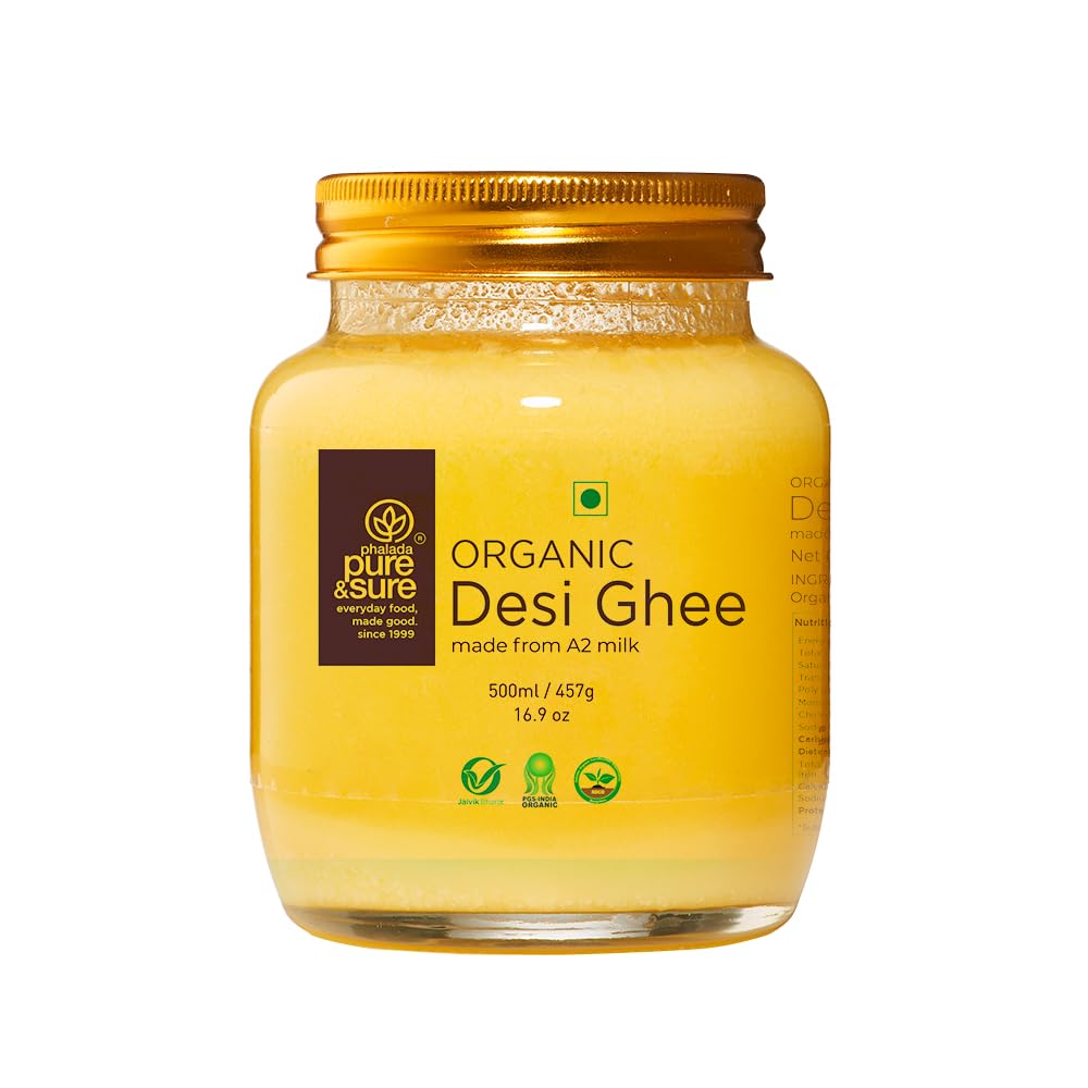 Pure & Sure Organic A2 Desi Ghee 500 ML | 100% Pure Cow Ghee | Made by Traditional Bilona Method | Curd-Churned | Natural Immunity Booster & Other Benifits (Glass Jar)