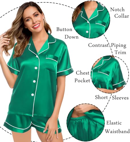 Image of LecGee Womens Silk Satin Pajamas Short Sleeve Loungewear Two-Piece Sleepwear Button-Down Pj Set Emerald Green X-Large