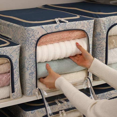 Image of HOKIPO Clothes Storage Box, 600D Oxford Fabric Organiser for Wardrobe, Blue Blossom - Large Pack of 2 (AR-6489-BLU*2)