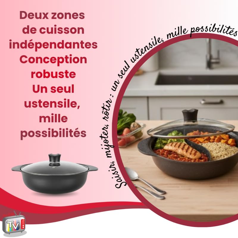VENTEO KitchenPro Cocotte Double Compartiments 28cm 4L | Cocotte Fonte | Casserole Induction | Cuisson Séparée | Revêtement Antiadhésif | Couvercle Verre Régulation Vapeur | Utilisation Tous Feux Four