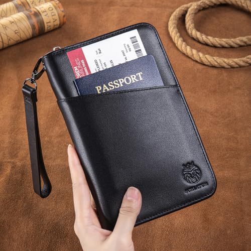 Image of Passport Holder for Travel Family with Strap Genuine Leather RFID Blocking Travel Document Organizer Wallet with Pen Holder, Black