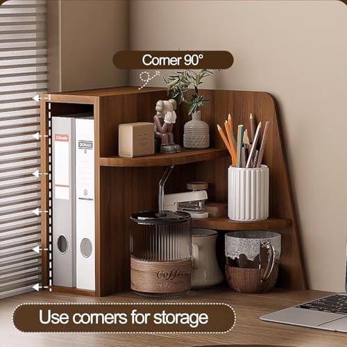 3-Tier Corner Shelf Organizer, Desktop Corner Stand for Small Spaces, Home Office & Kitchen Storage, Brown Corner Bookshelf, Space-Saving Display Rack