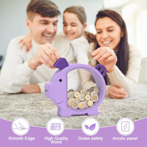 Image of Piggy Bank for Kids Girls,Purple Kids Piggy Bank with Creative DIY Stickers