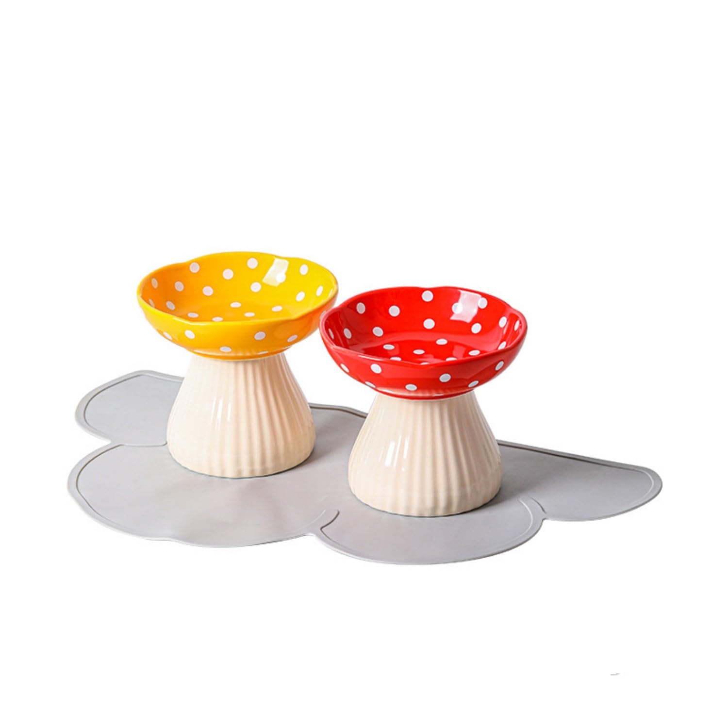 Set di 2 ciotole rialzate in ceramica per gatti con cuscinetto protettivo antiscivolo in silicone, a forma di fungo, per cibo per gatti e acqua, piatto rialzato anti vomito, 300 ml, rosso e giallo