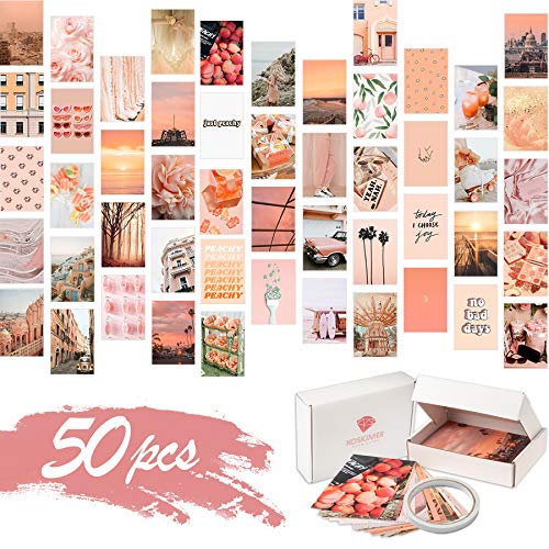 KOSKIMER Peach Pink Aesthetic Photo Collage Kit, 50 Set 4x6 Inch Wall Collage Kit Aesthetic Pictures, Bedroom Decor for Teen Girls, Beach VSCO Posters for Dorm Room Decor, Aesthetic Collage Kit
