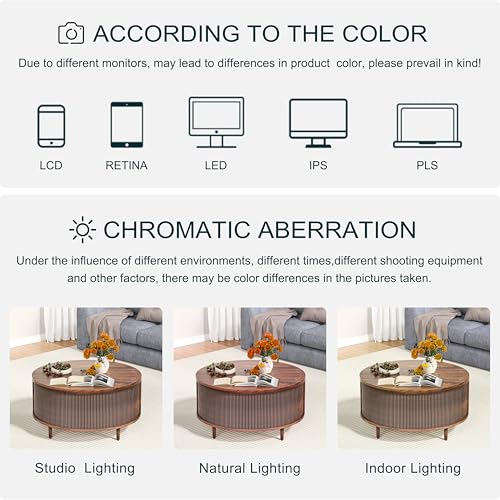 Image of Round Coffee Table, 31.5 inch Fluted Center Table with Storage, Lift-Top Coffee Table with Adjustable Footpads, Sliding Door, Mid-Century Modern Center Table for Living Room, Small Space, (Walnut)