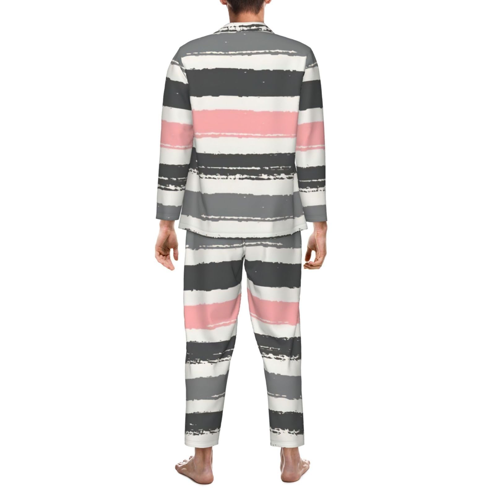 Rosa chiaro e grigio scuro strisce stampa uomo manica lunga pigiama set pigiameria due pezzi casa viaggio vestito pantaloni lounge
