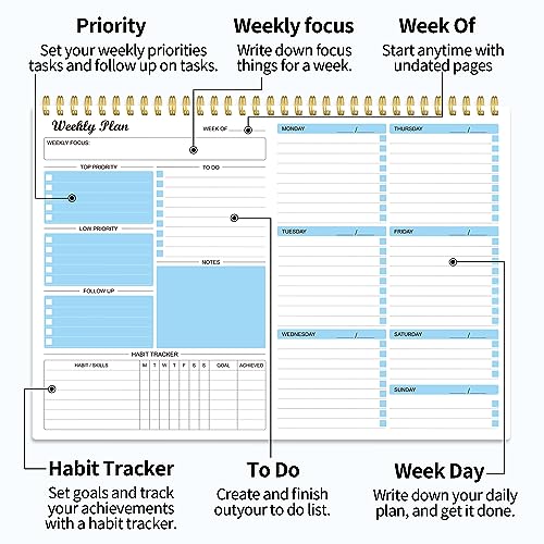 Weekly Planner Notepad Undated Weekly Schedule Planner To Do List Notebook Goals Planning Pad Habit Tracker Journal for Man & Women,52 Weeks (8.5x12") Blue