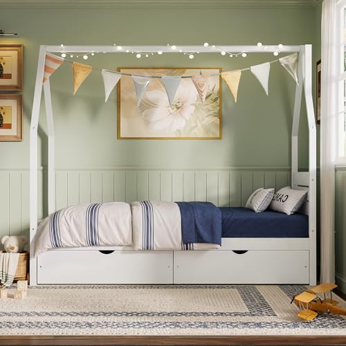 Image of Twin Size House-Shape Platform Bed with Headboard and 2 Storage Drawers, Montessori Wood Bed Frame with Roof and Chimney Design, No Box Spring Needed, Easy Assembly (White-06, Twin)