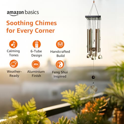 Image of Amazon Basics Wind Chimes for Balcony Decoration, Home Decor & Positive Vibes | Soothing Musical Sound | Metal Hanging for Indoor /Outdoor | Color: Gold | Material: Aluminum | Size: 63L x 9W x 9H cms