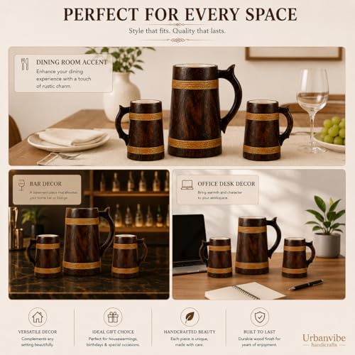Image of Wooden Beer Bar Combo Set | Barrel Shaped Jumbo Mug | 2 Small Beer Mug 300ML (5 x 4 inches Each) & 1 Large Beer Jug 750ML (Plain Design)