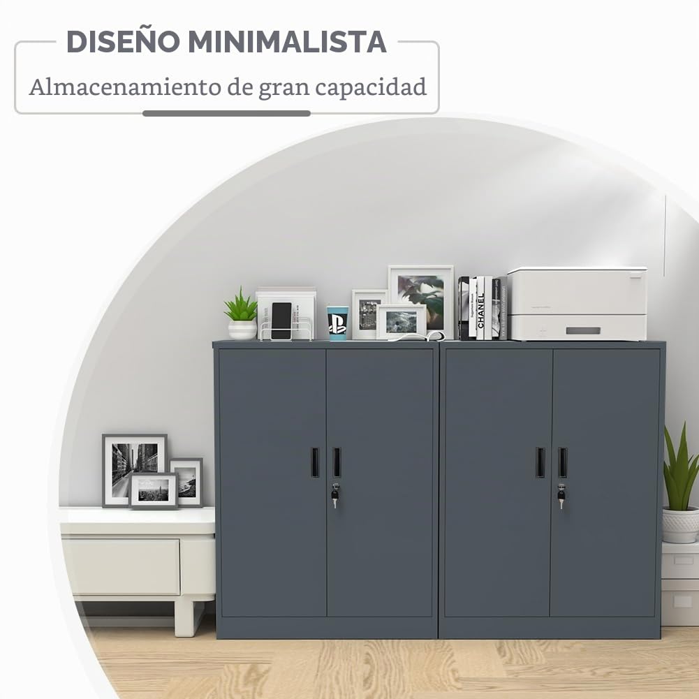 Armario de metal con cerradura y 2 estantes ajustables (90x80x40cm) - Armario de acero para oficina, garaje y hogar | Capacidad de carga de 50 kg por estante (Gris oscuro, 90x80x40cm)