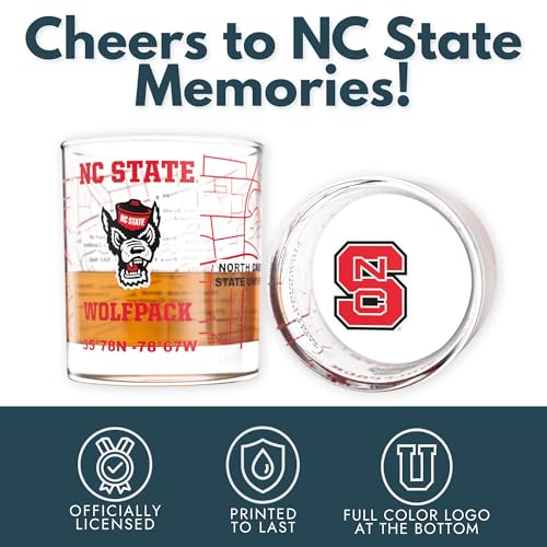 Image of Greenline Goods - North Carolina State University Wolfpack College Whiskey Glasses (Set of 2), 10 oz - Full-Color Logo + Campus Map