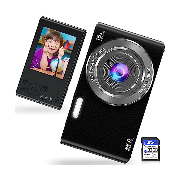 Saneen Digital Camera, FHD 2.7K Cameras for Photography, 44MP Kids Camera Small Compact Digital Camera for Teens, Adults & Beginners with 32GB SD Card, 16X Zoom, Two Rechargeable Batteries-Black