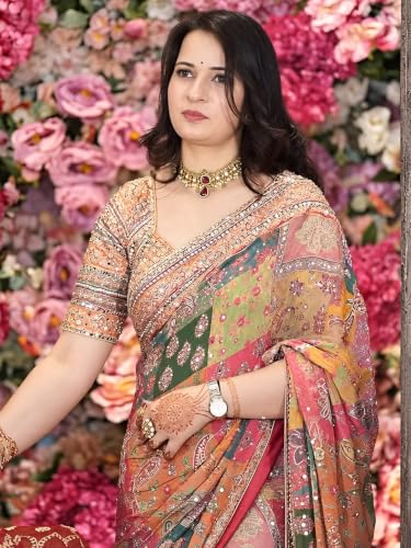 Image of Printed Chinon Silk Saree with Zari Woven Mirror Work and Unstitched Blouse Piece for Women Traditional Party Ethnic Wear Saree