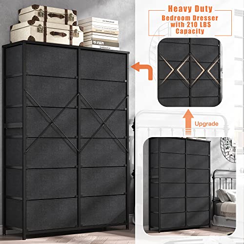 Enhomee Tall Dressers For Bedroom, 12 Drawer Dresser With Wooden Top And Metal Frame, Fabric Dresser & Chest Of Drawers For Bedroom Closet Living Room, Black Wood Veins, 11.9" D X 34.8" W X 52.2" H #TOP6