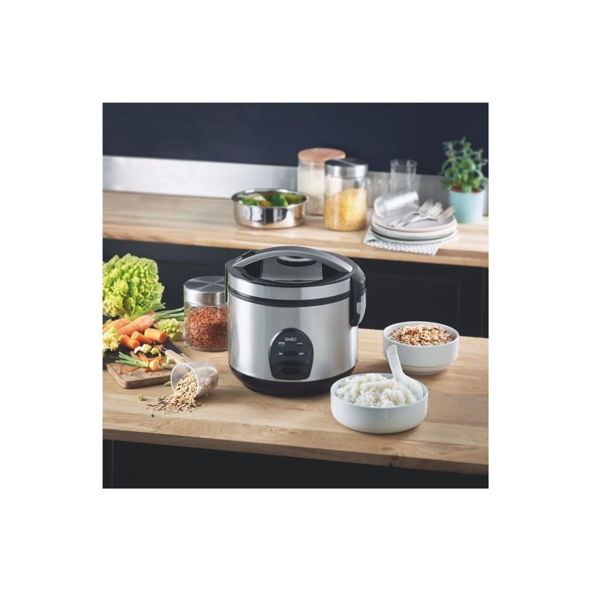 SIMÉO Cuiseur à Riz - Avec Panier Vapeur, cuisson homogène - Maintien au Chaud Automatique - 2 kg de Riz Cuit - Valve Vapeur - Collecteur de Condensation - Inox