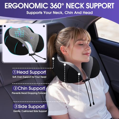 Image of CloudBliss Travel Pillow for Airplane, Memory Foam Neck Pillow for Travel, Compact Flight Pillow with Eye Mask, Earplugs, Carry Bag, Travel Neck Pillow for Long Flight Sleep, Plane Accessories, Black