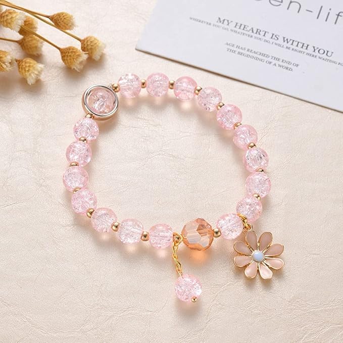 Image of El Regalo 1 PC Dailsy Flower Sparkly Crystal Beads Tassel Bracelet for Girls /Teens /Women- Cute Crackle Beads Daisy Flower Stretch Bracelet